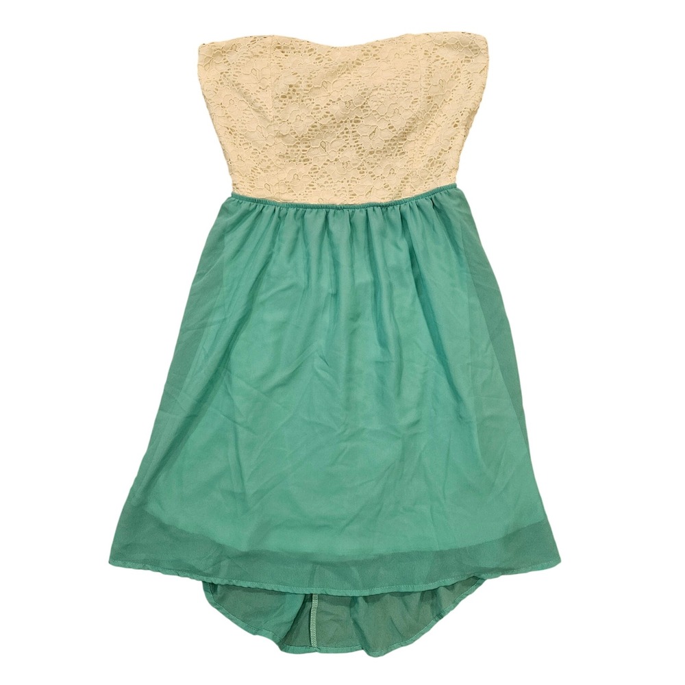 Body Central Teal Lace Strapless High Low Mini Dress Cream Bow Back Womens Small